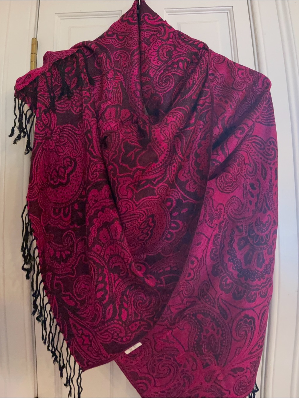 Women's Paisley Fringe Wrap Scarf in Fuchsia and Black